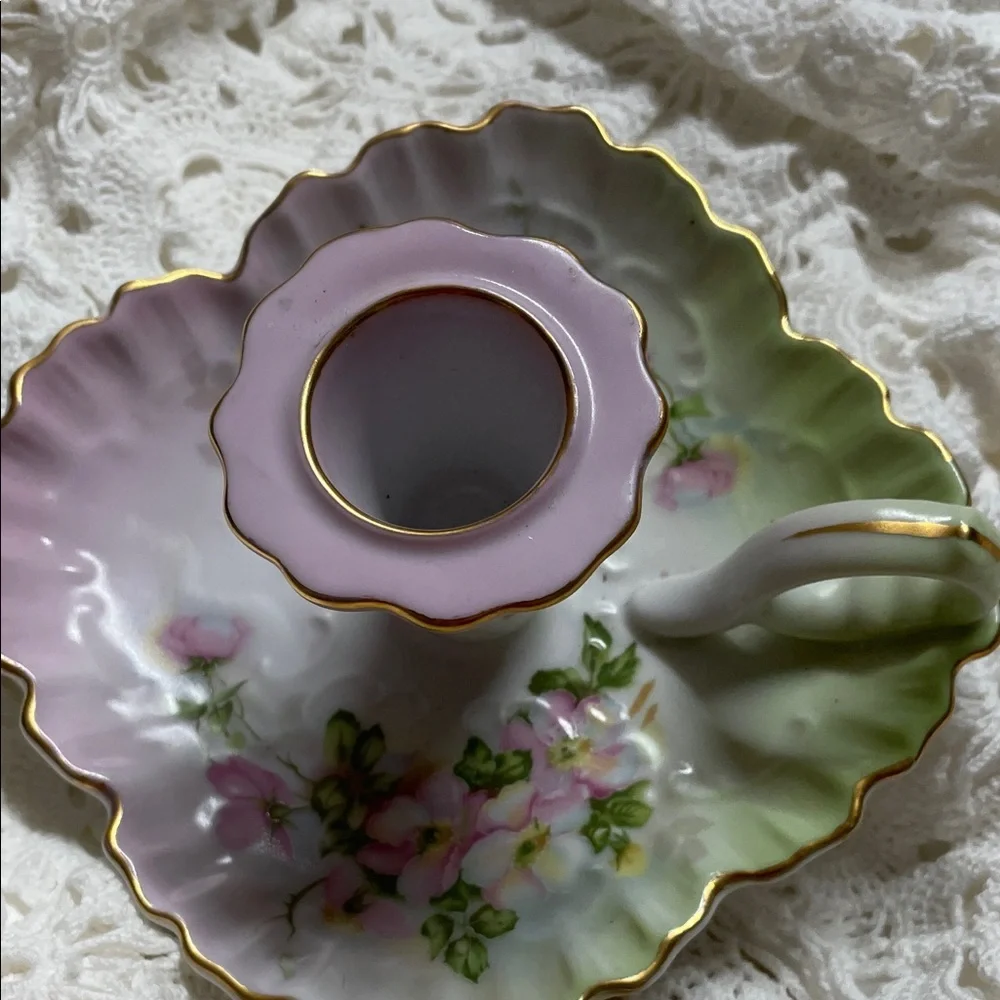 Nippon Hand Painted Porcelain Pink & Green Floral Chamberstick Candle Holder